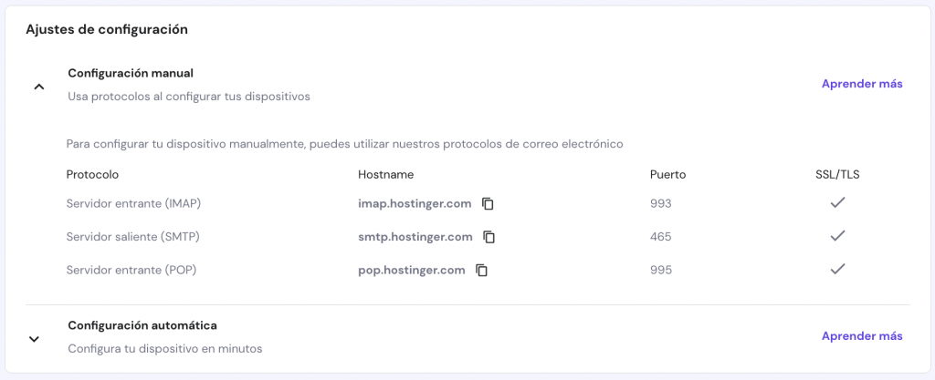 La página de configuración del correo electrónico en hPanel