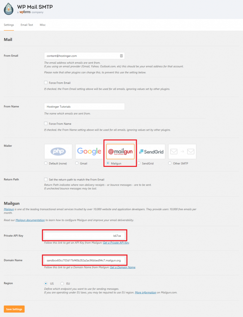 Configuración del complemento WTP Mail SMTP