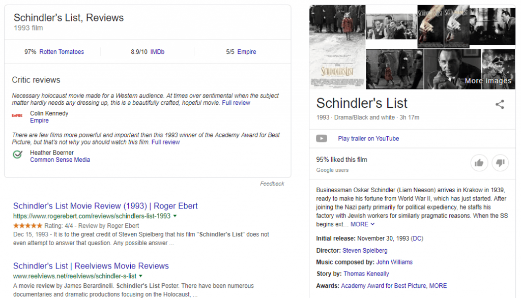 Marcado de datos estructurados en acción para la frase clave "Schindler's List Movie"