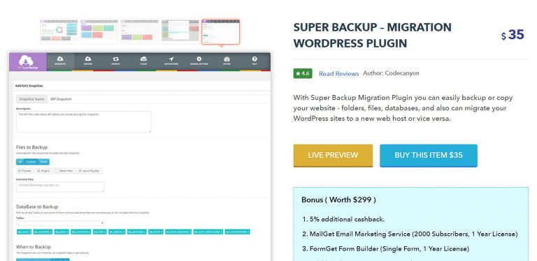 Ejemplo de Super Backup WordPress plaugin y página de oferta