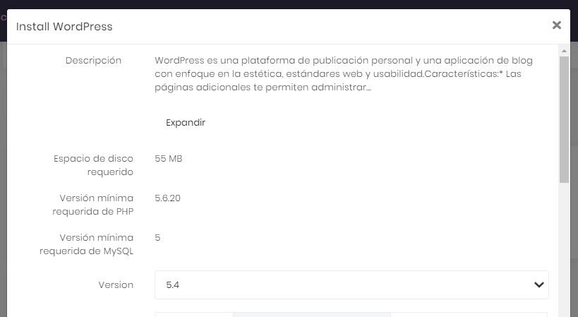 Pantalla de instalación de WordPress