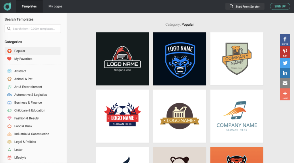 Una amplia gama de plantillas disponibles de DesignEvo para crear logos