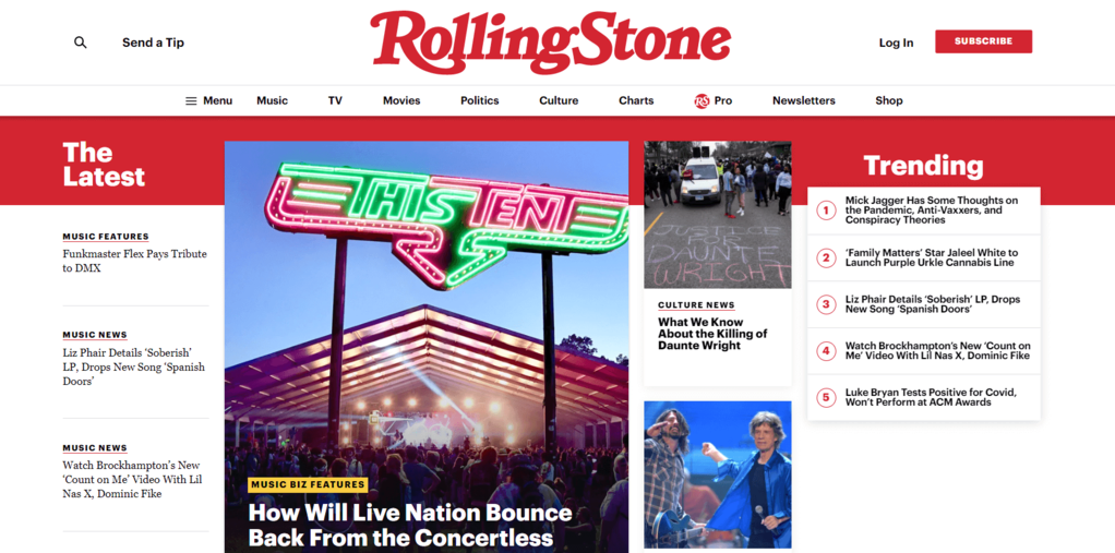 Ejemplo de diseño para escritorio en Rolling Stone