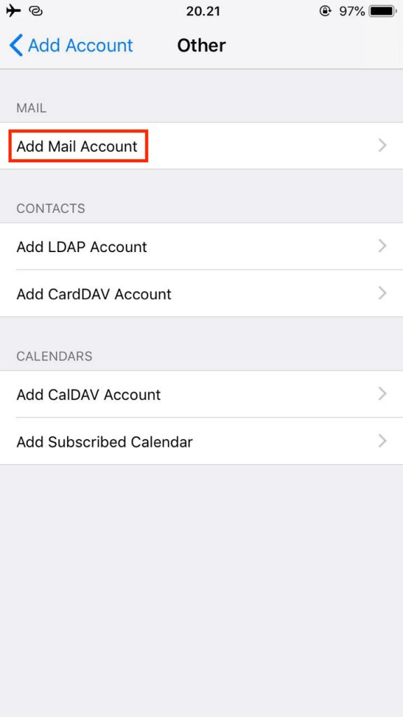 Agregue una cuenta de correo en la página de configuración de iOS