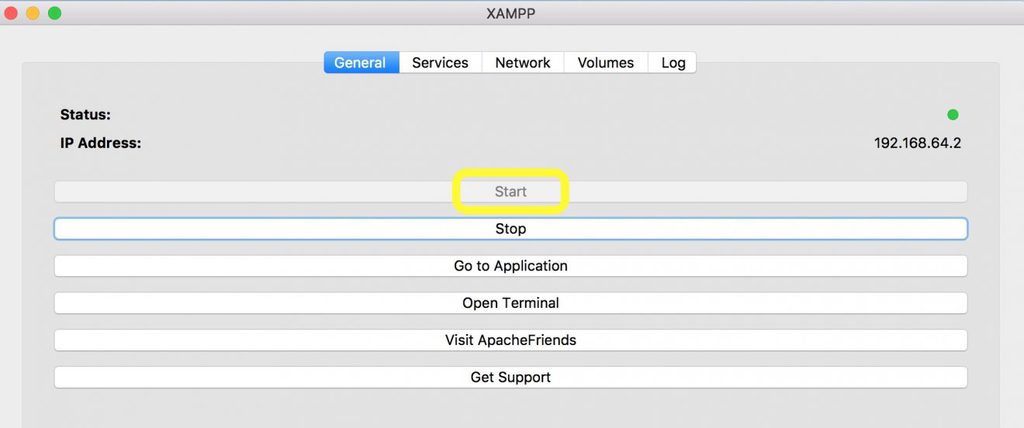 Captura de pantalla del botón de inicio XAMPP