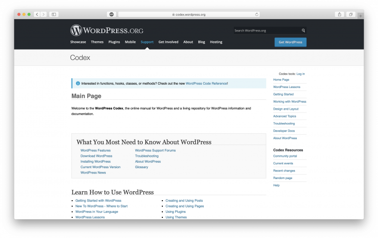 Página de inicio del sitio WordPress.org Codex