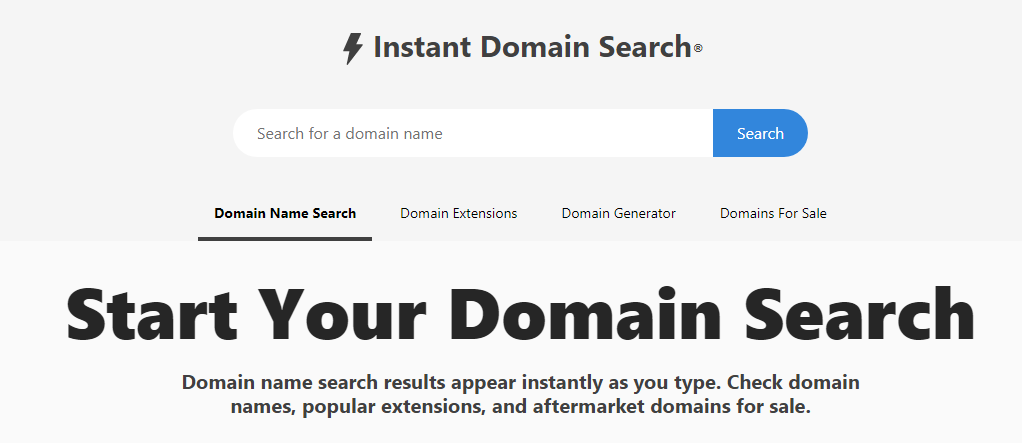Página de inicio de Instant Domain Search