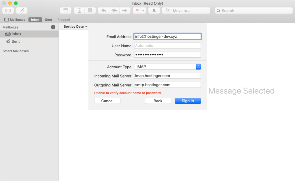 Complete la información de inicio de sesión en Mac Mail.