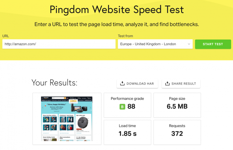 Resultados del test de performance Pingdom para amazon.com mostrando grado de rendimiento B