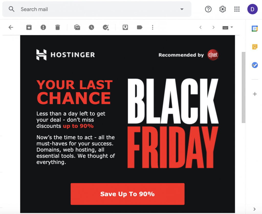 Ejemplo de email de Black Friday 2019 de Hostinger