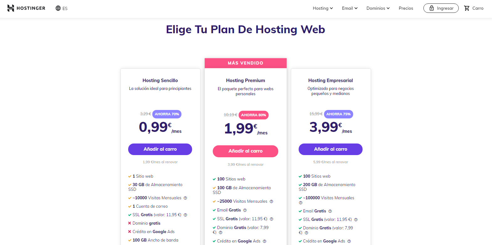 Elegir plan de hosting web en Hostinger para empezar un negocio