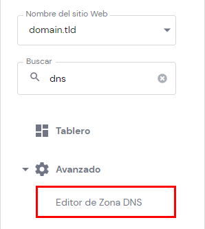 la opción Editor de zona DNS en Avanzado
