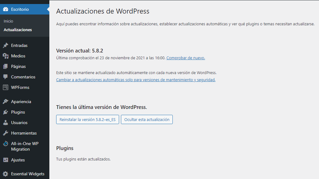 Sección de actualizaciones en el escritorio de WordPress