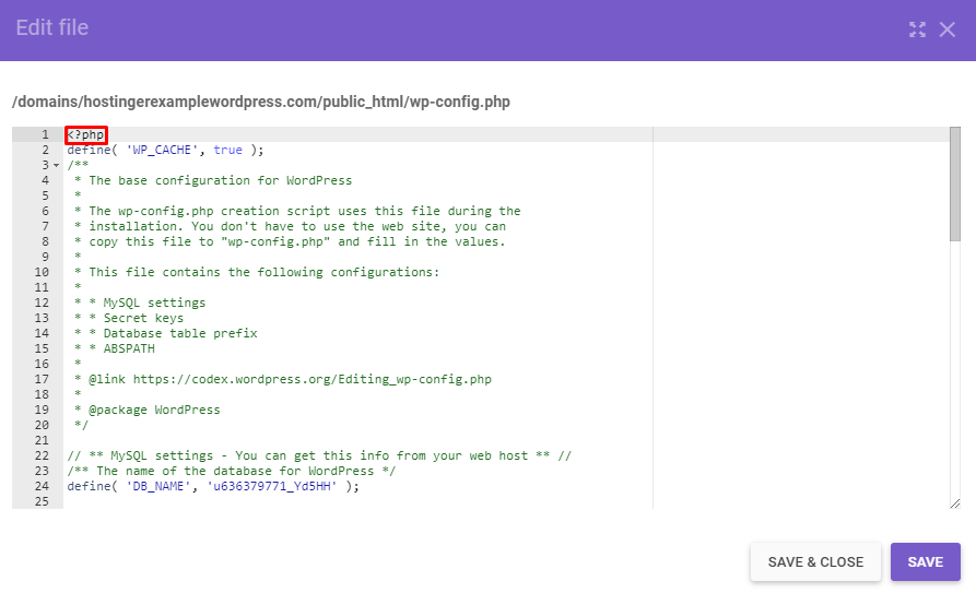 Captura del código del archivo wp-config.php