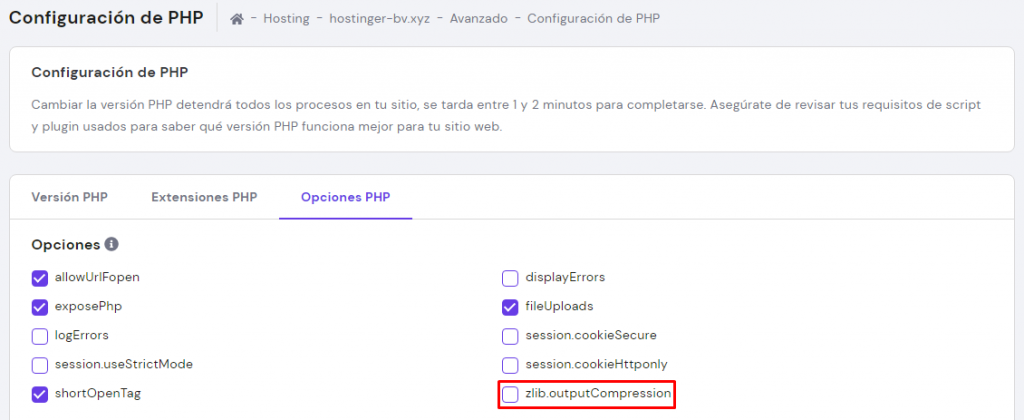 Captura de la configuración de PHP que muestra zlib.output_Compression desactivado