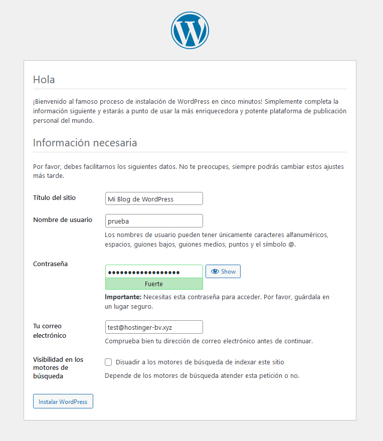 Completar información de tu nuevo sitio para instalar WordPress