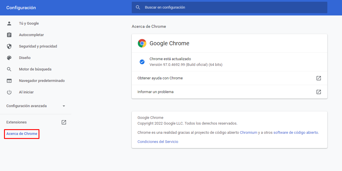 Sección Acerca de Chrome en Configuración