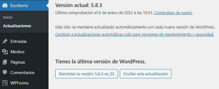 Última actualización de WordPress en el escritorio.