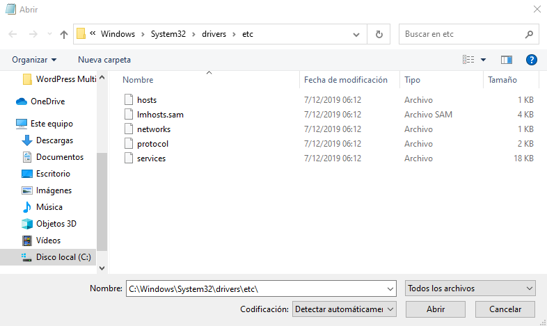 Ubicación del archivo host en Windows