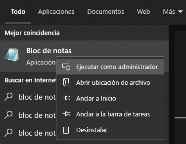 Ejecutar como administrador Bloc de notas en Windows