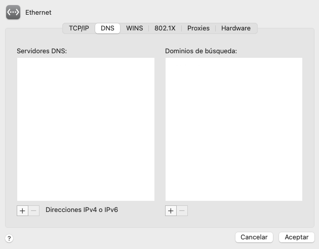 Pestaña DNS en Mac