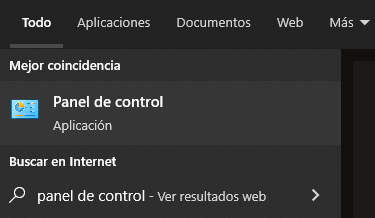 Panel de control de Windows en el buscador