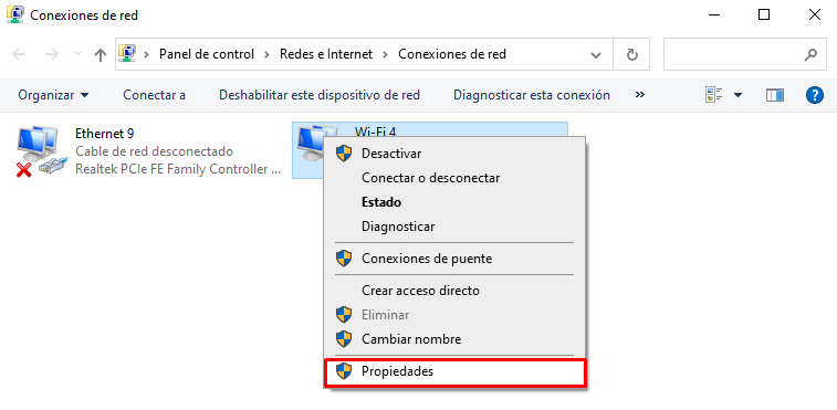 Propiedades en conexiones de red en Windows