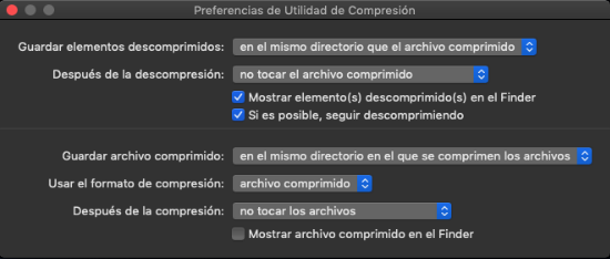 Preferencias de Utilidad de Compresión en Mac.