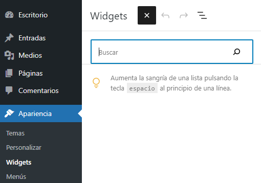 Sección Apariencia -> Widgets en WordPress
