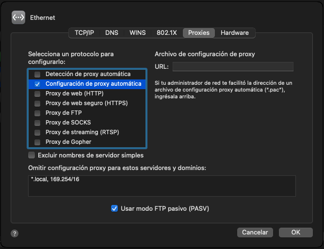 Configuración de proxy automática en Mac