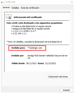 Información del certificado SSL