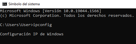 Introducir ipconfig en el símbolo del sistema de Windows