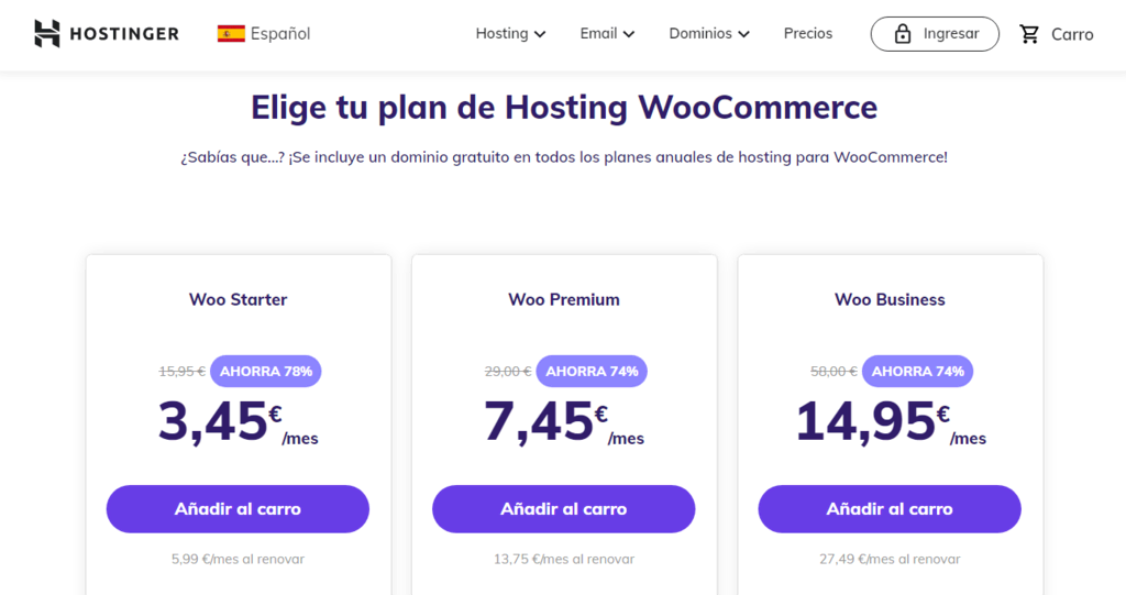 Planes de hosting WooCommerce de Hostinger