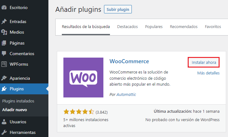 Plugin de WooCommerce en WordPress