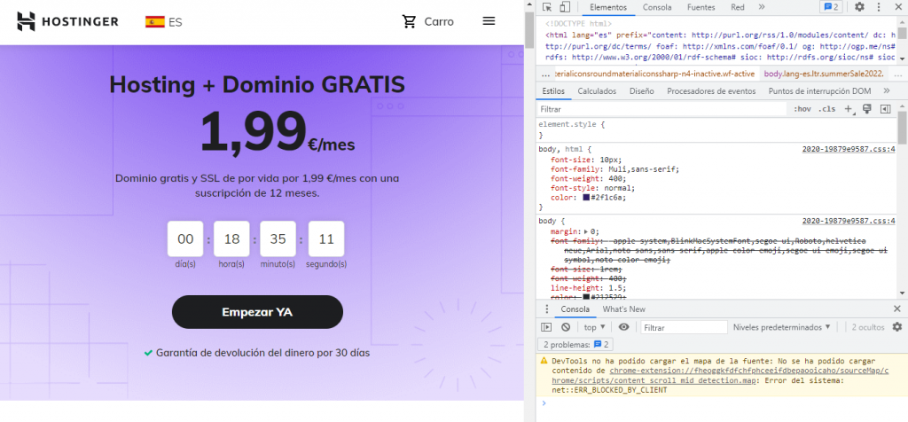 Visualización del Panel de herramientas para desarrolladores