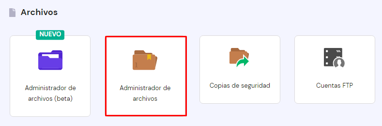 Sección Archivo, pestaña administrador de archivos en hpanel