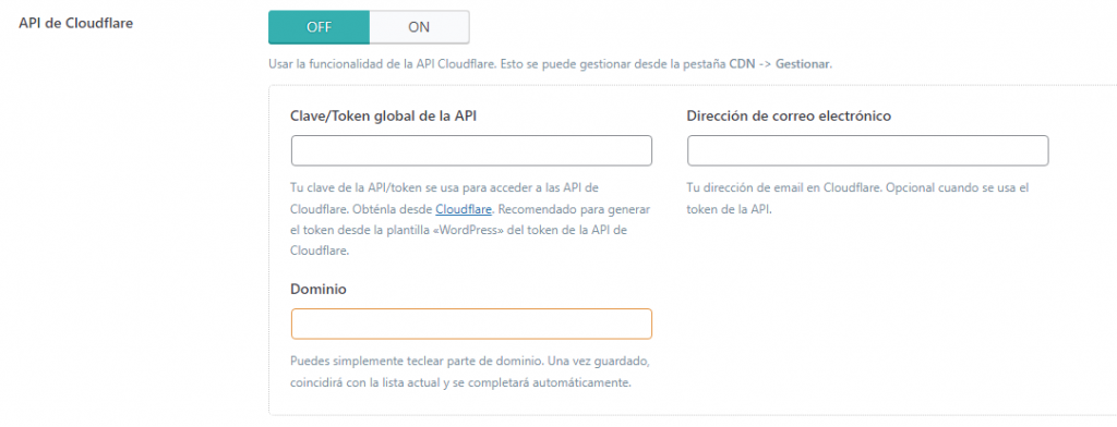 Página CDN de LiteSpees Cache, sección API de Cloudflare