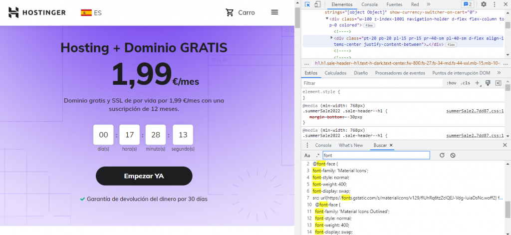 Visualización del panel para encontrar estilo CSS