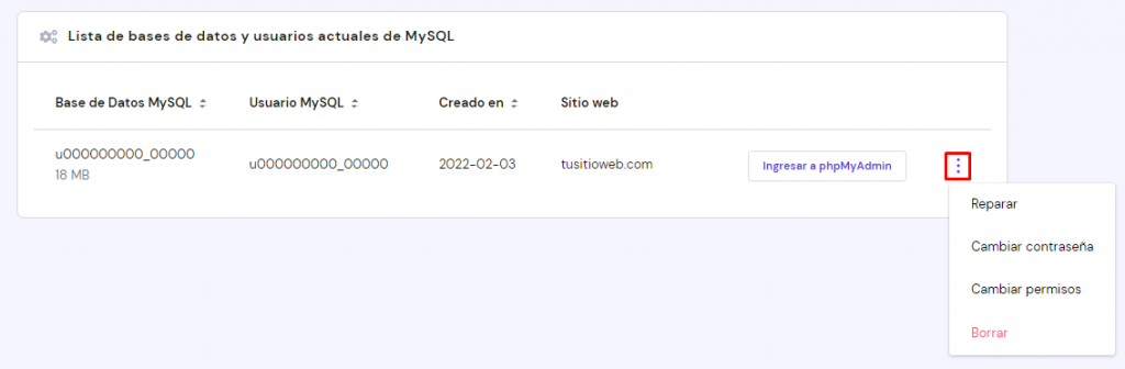  Lista de bases de datos y usuarios actuales de MySQL