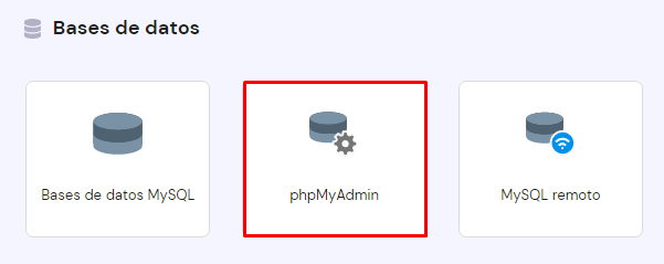 Sección Bases de datos, pestaña phpMyAdmin