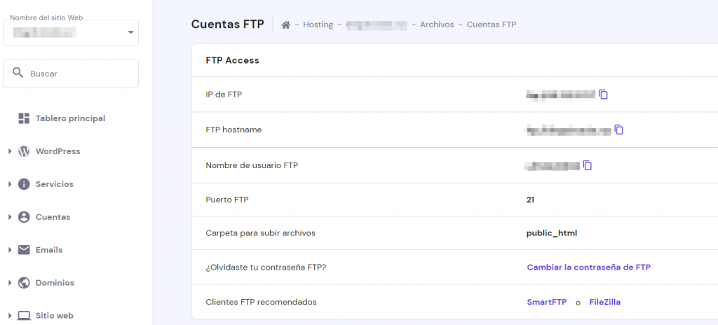 Acceso a la cuenta FTP desde el hPanel