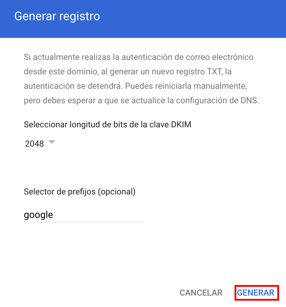 Generar registro nuevo en Google Workspace 