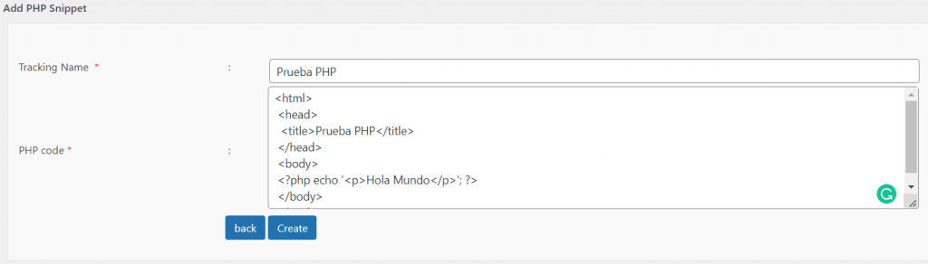 Caja para añadir un snippet de PHP