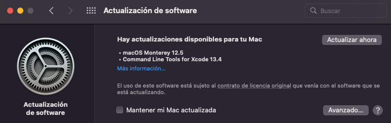 Sección para actualizar el software de MacOS