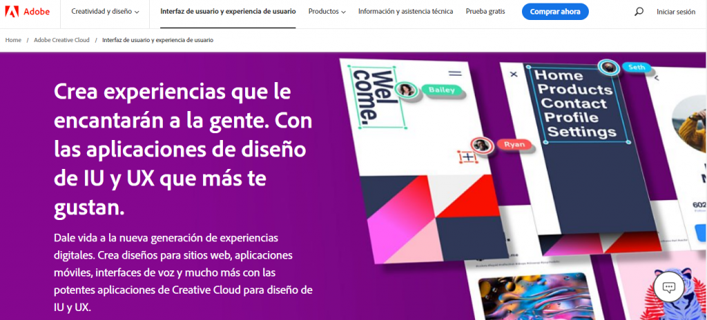 Pagina de programas UI y UX de Adobe Creative Cloud
