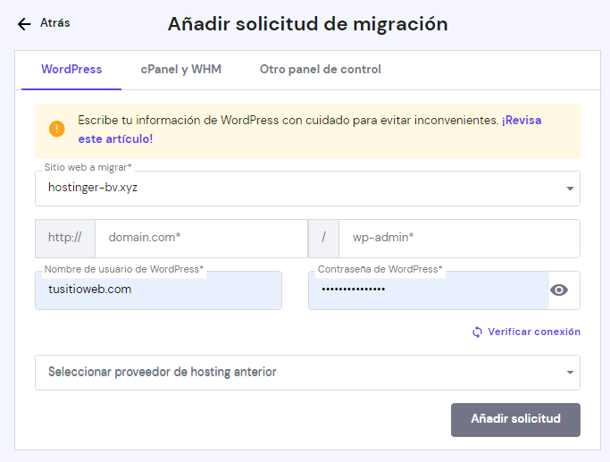 Sección Añadir solicitud de migración, pestaña WordPress