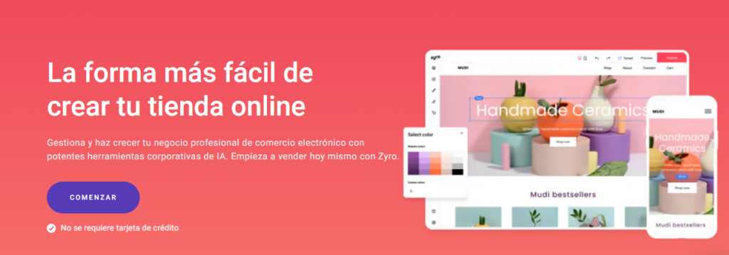 Página del creador de tiendas online de Zyro