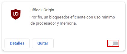 Botón para desactivar la extensión uBlock Origin