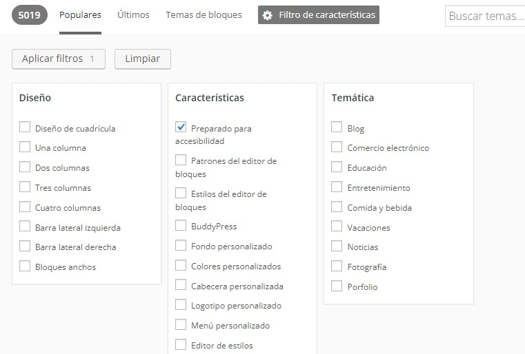 Visualización del filtro de temas de WordPress para buscar temas preparados para accesibilidad