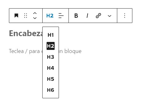 Visualización del editor de bloques al crear un encabezado